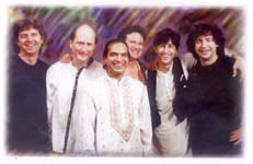 Photo of Ira Stein, Matthew Montfort, Pandit Habib Khan, George Brooks, Alan Kushan, and Danny Gottlieb.